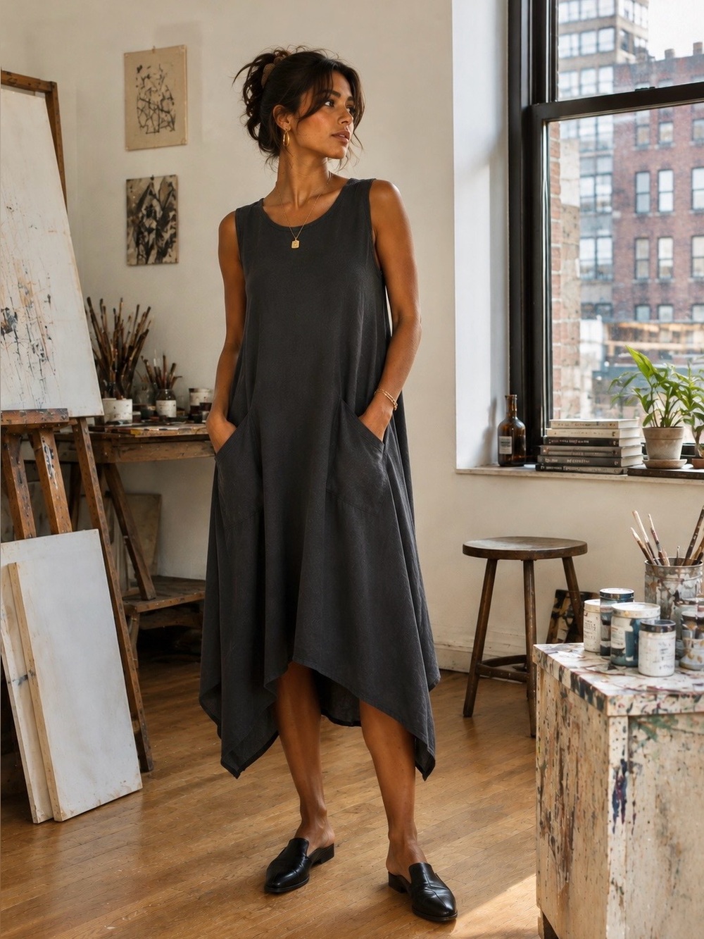M Made in Italy Linen Blend Charcoal Asymmetrical Midi Maxi Dress M Langenlook